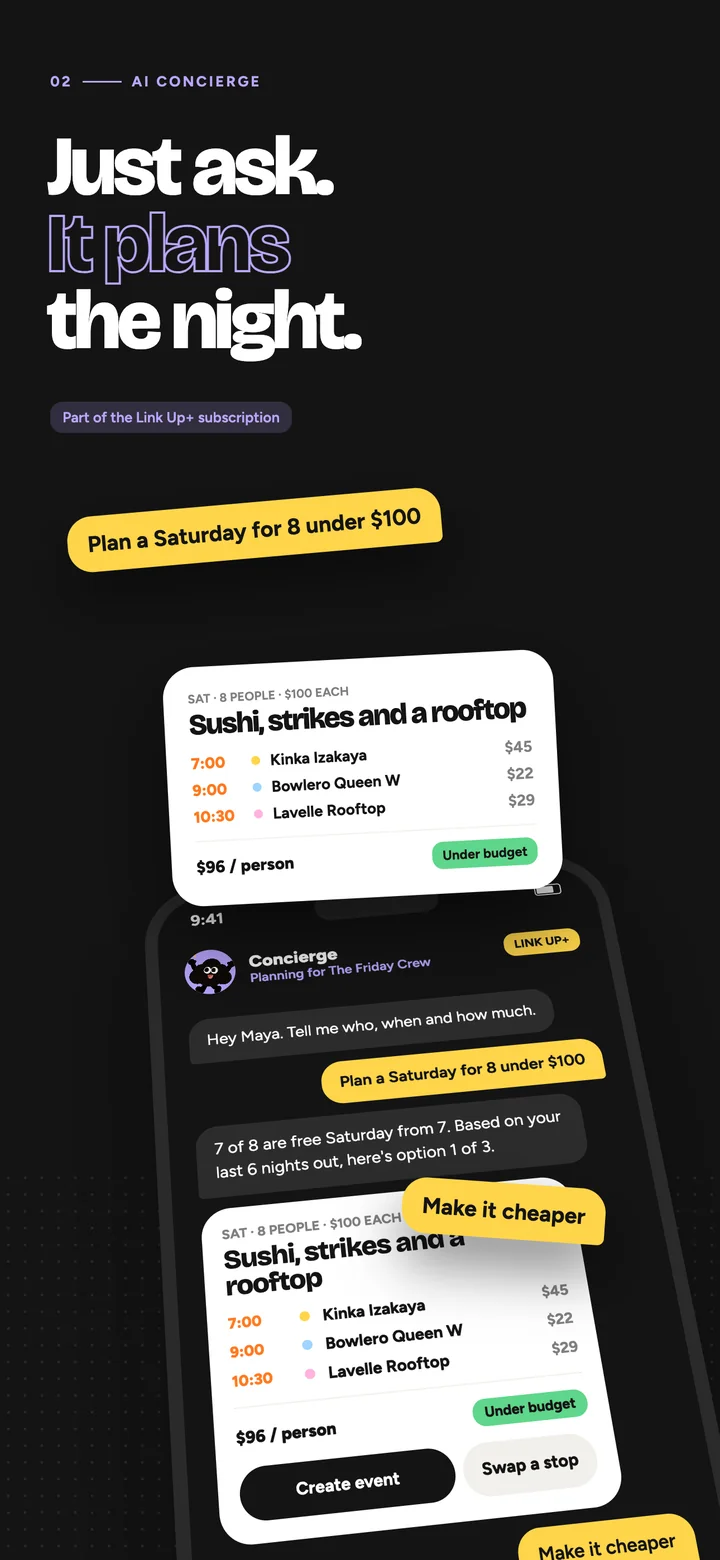 The AI Concierge chat planning a Saturday for eight under $100: sushi, strikes and a rooftop at $96 per person