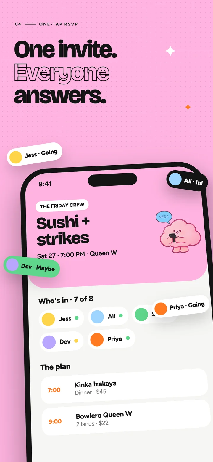 An event invite with one-tap RSVPs: who's in, 7 of 8, and the plan