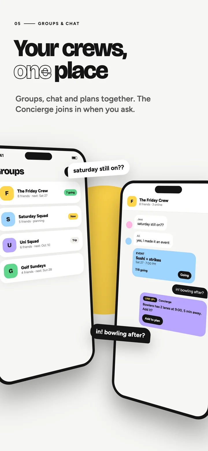 Groups list and a group chat where the Concierge suggests adding bowling to the plan