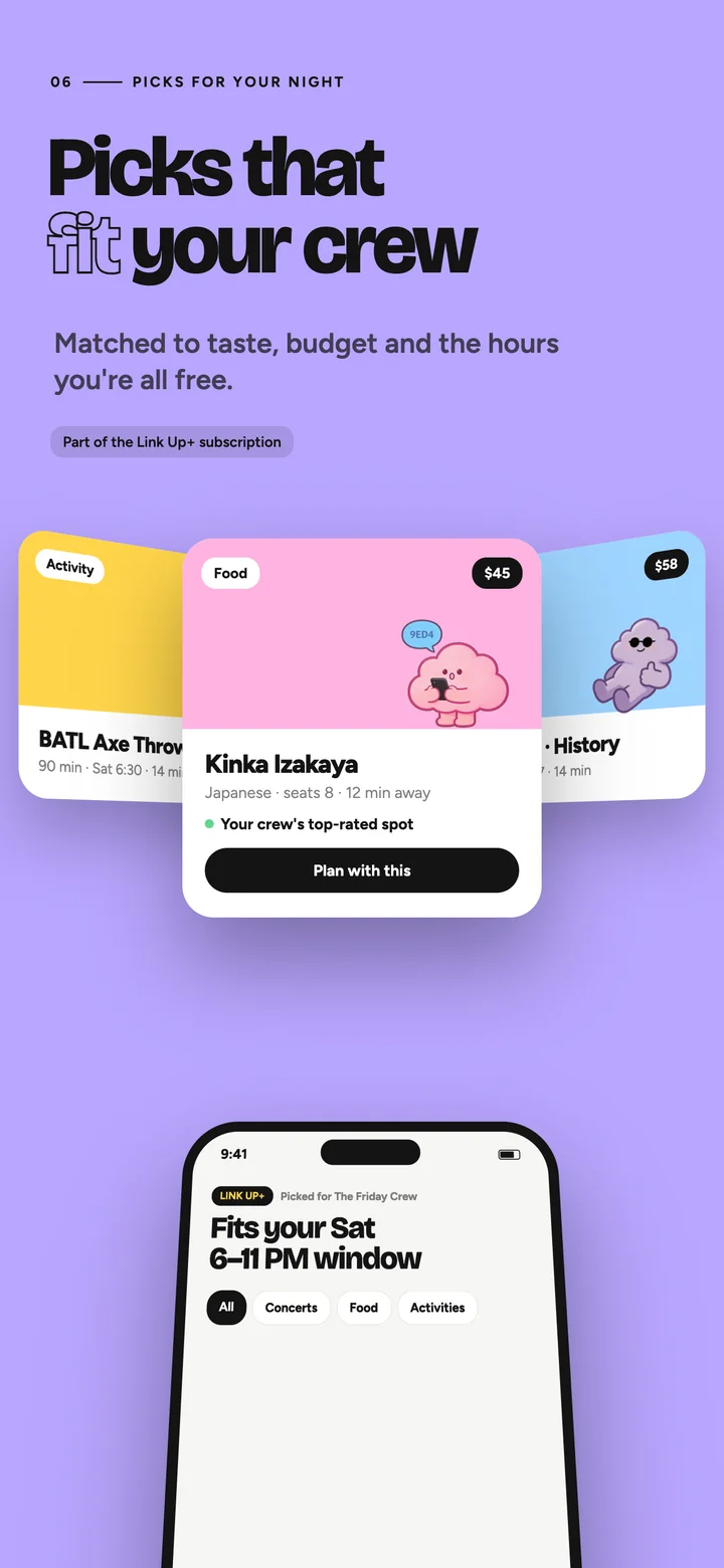 Picks that fit your crew: venue cards matched to taste, budget and free hours
